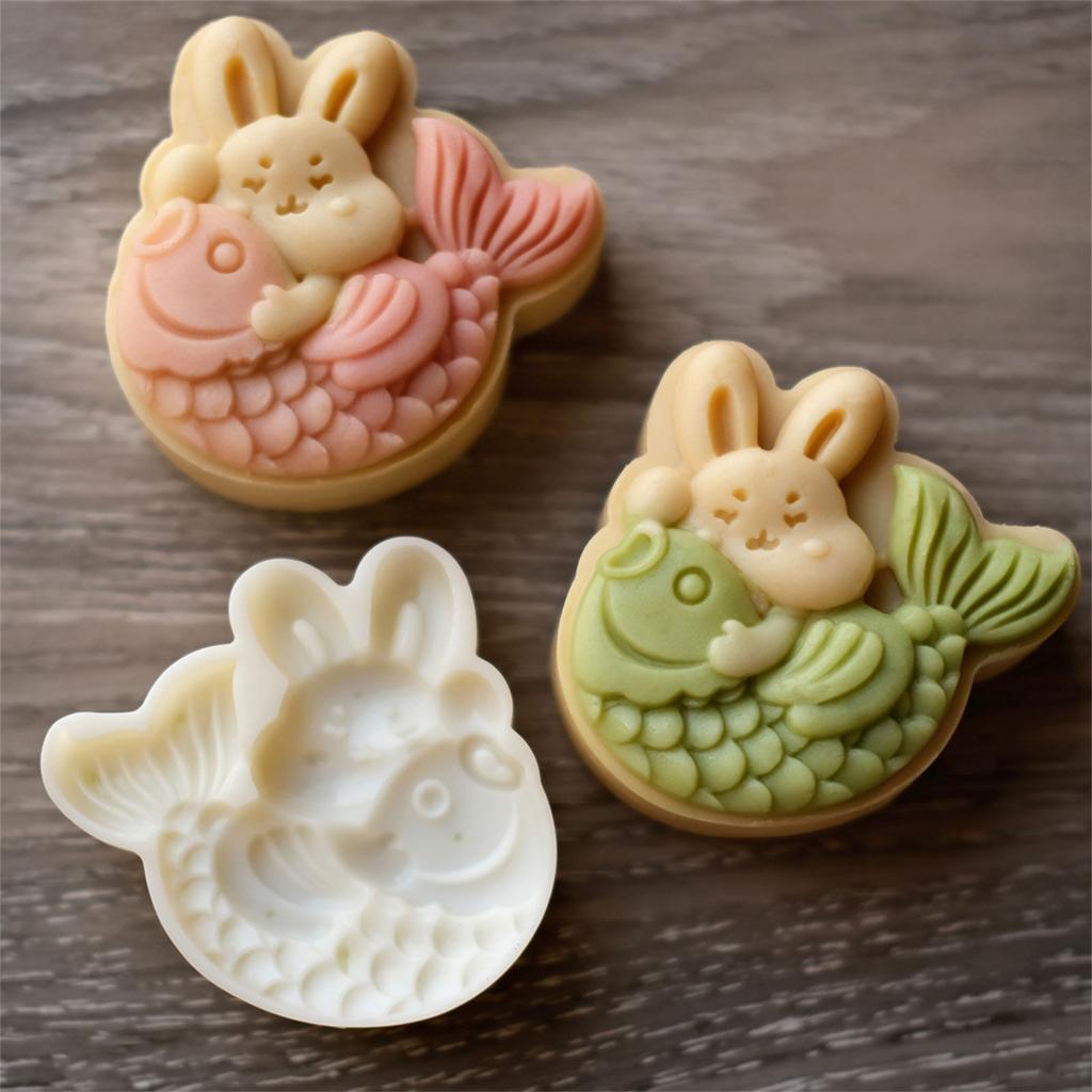 Hase mit fischförmigen Mondkuchenstempeln Kunststoffmaterial Mondkuchenformen Mondkuchenwerkzeuge Handdruck Backzubehör