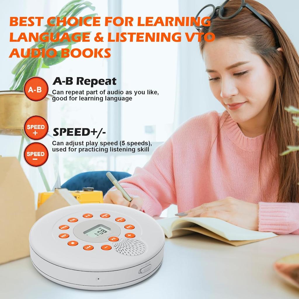 Akumulatorowe Przenośne Odtwarzacze CD do Domu, Wbudowane Głośniki i Słuchawki Obsługuje CD/Dysk U/AUX/Powtarzanie A-B/Wyświetlacz LCD/10 Prędkości/Anti Skip