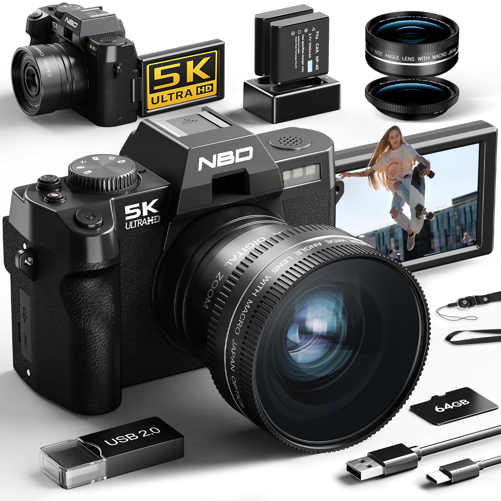

NBD 5K 64MP Digital Camera [Wi-Fi and App Control] 16x Zoom SLR Camera with 180° Flip Screen Autofocus, Image Stabilization Macro + Wide-Angle