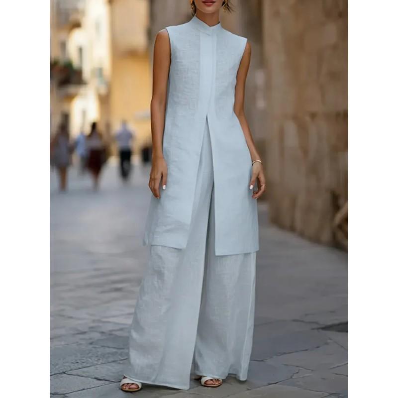 2026 Womens Linen Cotton Sleeveless Vest Top Wide Leg Pants Set Casual Elegant Outfit