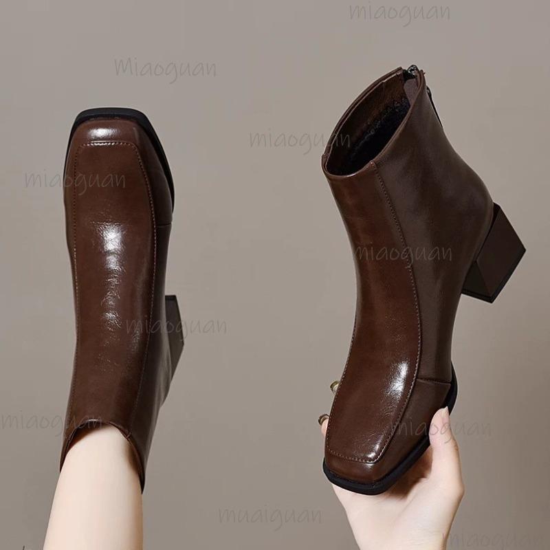 Autumn Brown Women's Short Boots Winter Plush Black Boots for Women Elegant Square Toe Back Zip Botines 35-40 Bottes Femmes