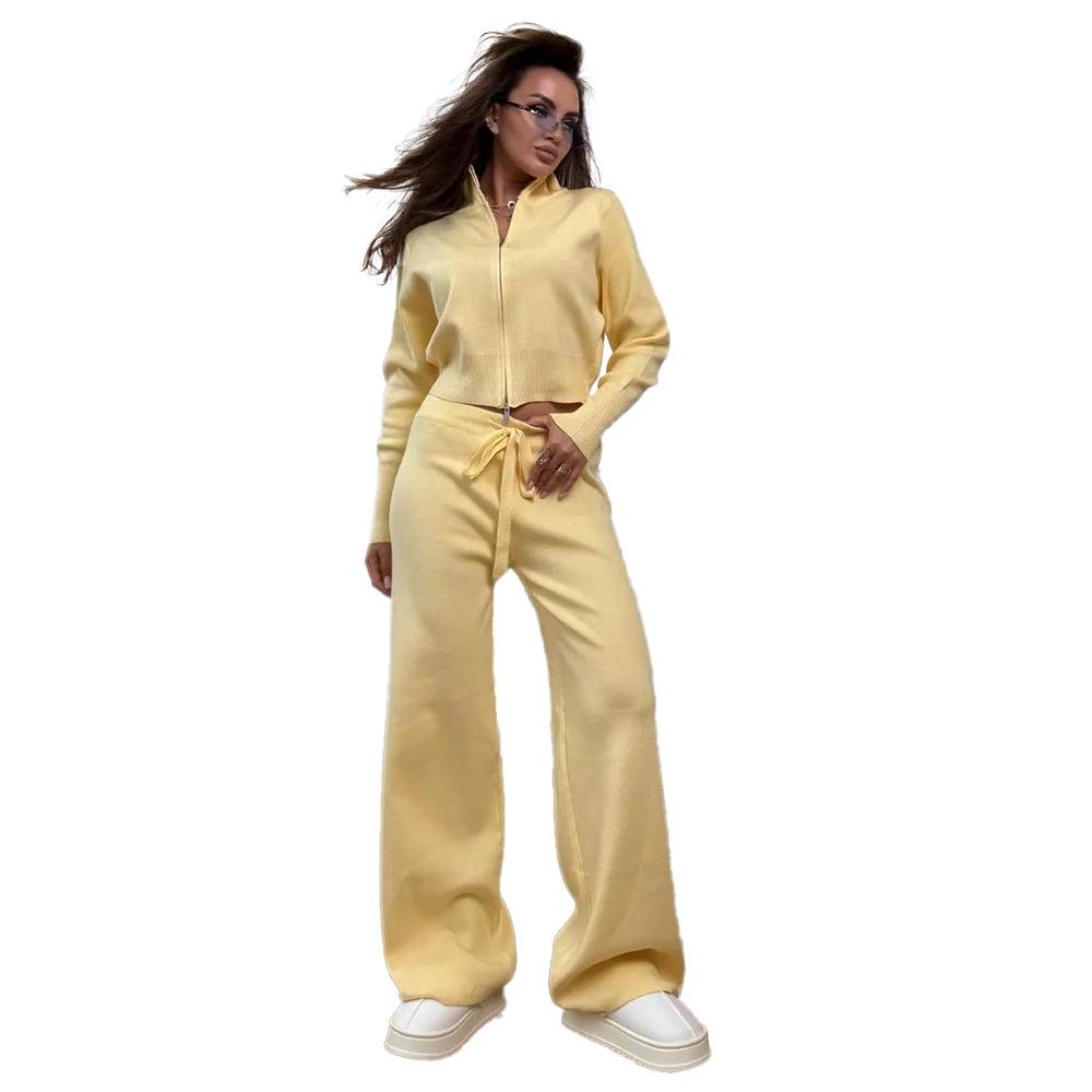 Women's Knitted Ribbed Zip Up Sweatshirt and Wide Leg Trousers Set In Pink