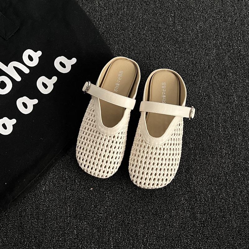 

Flat bottom bag head half slippers women s outer wear summer new hollow mesh breathable comfortable soft bottom cool slippers 39 бежевий