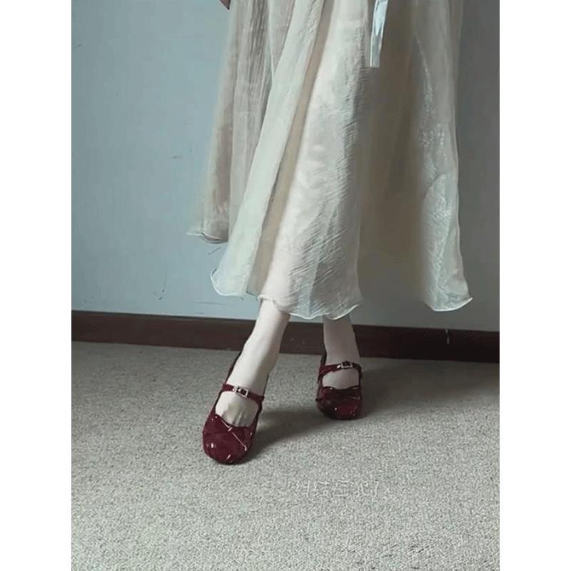 Lolita bow student jk small leather shoes female Mary Jane single shoes with thick heel burgundy