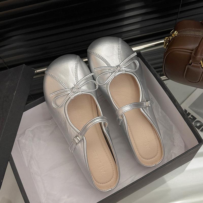 Inner Height Increase Bow Bag Head Half Slippers Women Wear Outside Summer Night Wind Lazy People Pedal Mary Jane Shoes