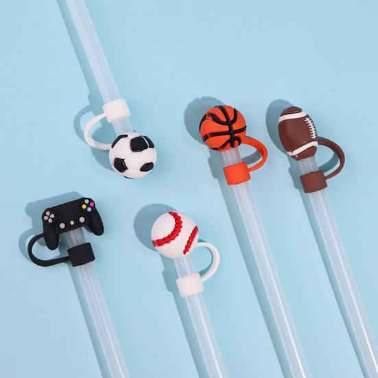 4 Stück Silikon-Strohhalmkappen, 10 mm, staubdicht, auslaufsicher, wiederverwendbar, Fußball-Thema, lebensmittelecht, Flaschenstrohhalm, Staubschutz, Trinkgläser, Trinkhalmaufsätze, Trinkhalm