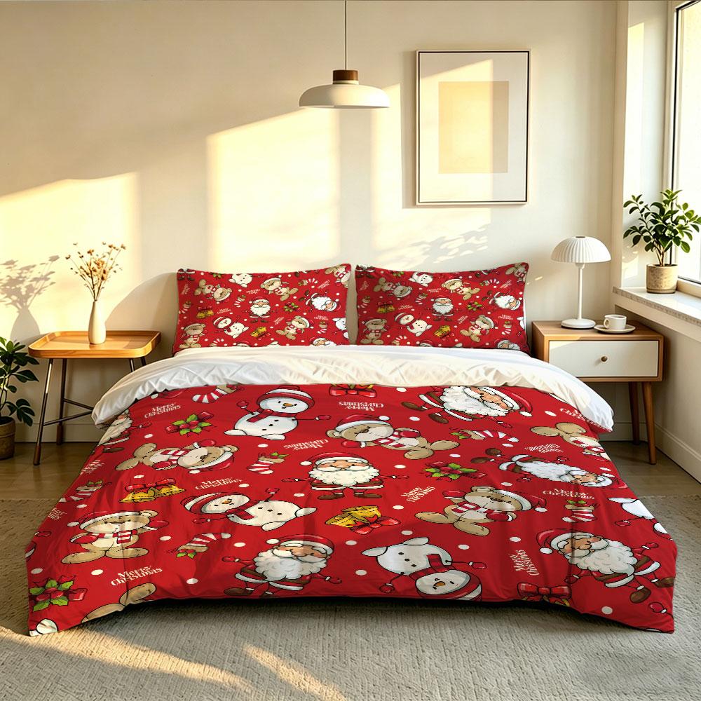 A set of 3 pieces (1 bedspread + 2 pillowcases) featuring red Christmas-themed patterns Santa Claus for home decoration