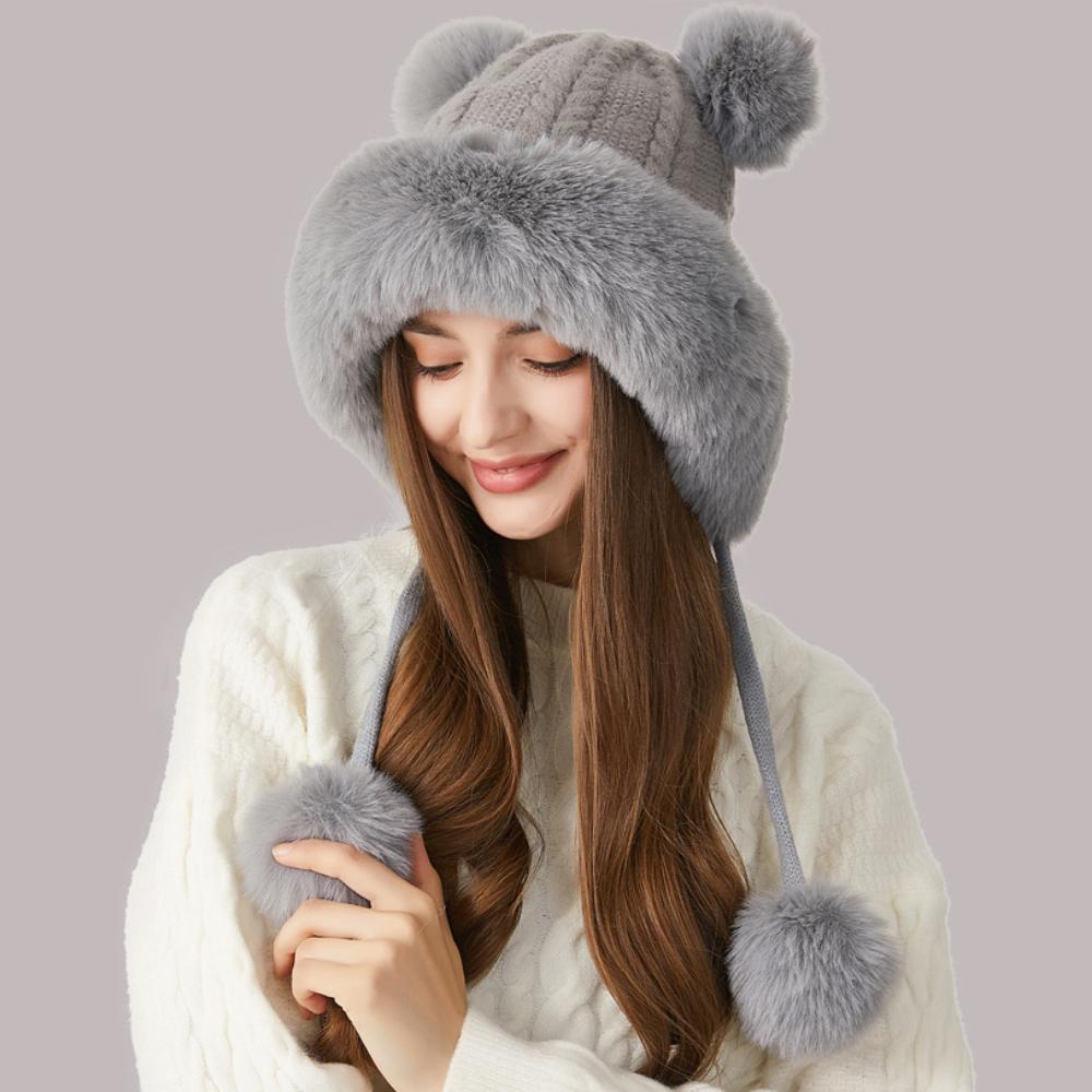 Palarie tricotata cu guler de blana gros si bile de blana rasucita Palarie tricotata pentru femei Palarie din lana de iarna in aer liber