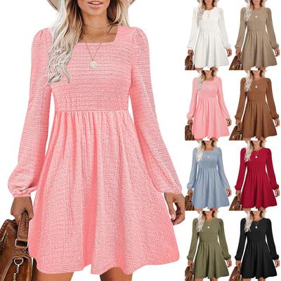 Womens Puff Long Sleeve High Waist  Casual Knit Crewneck Knee Length Dresses