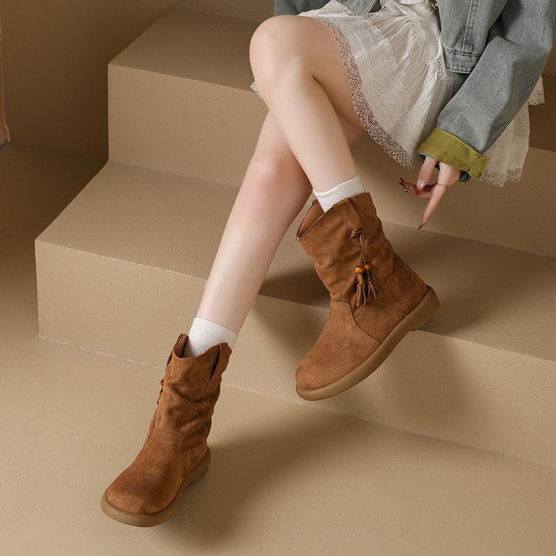 Fashion CRLAYDK Retro Women's Ankle Fold Boots Stylish Casual Bohemia Ladies Walking Outdoor Combat Bootie Suede Tassel Dress Shoes