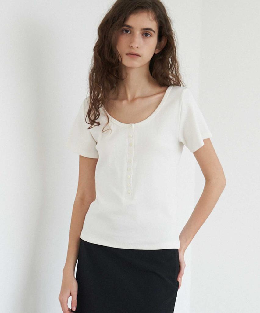 THERYE U-Neck Button T-Shirt(White)