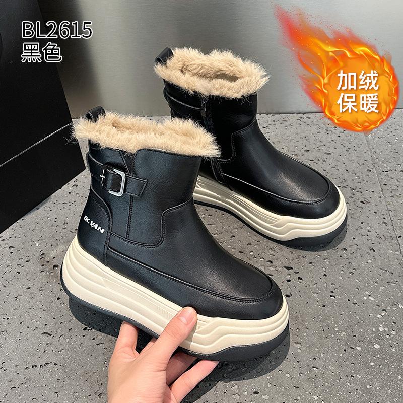 Snow boots winter new leather small thick-soled velvet large cotton shoes 34