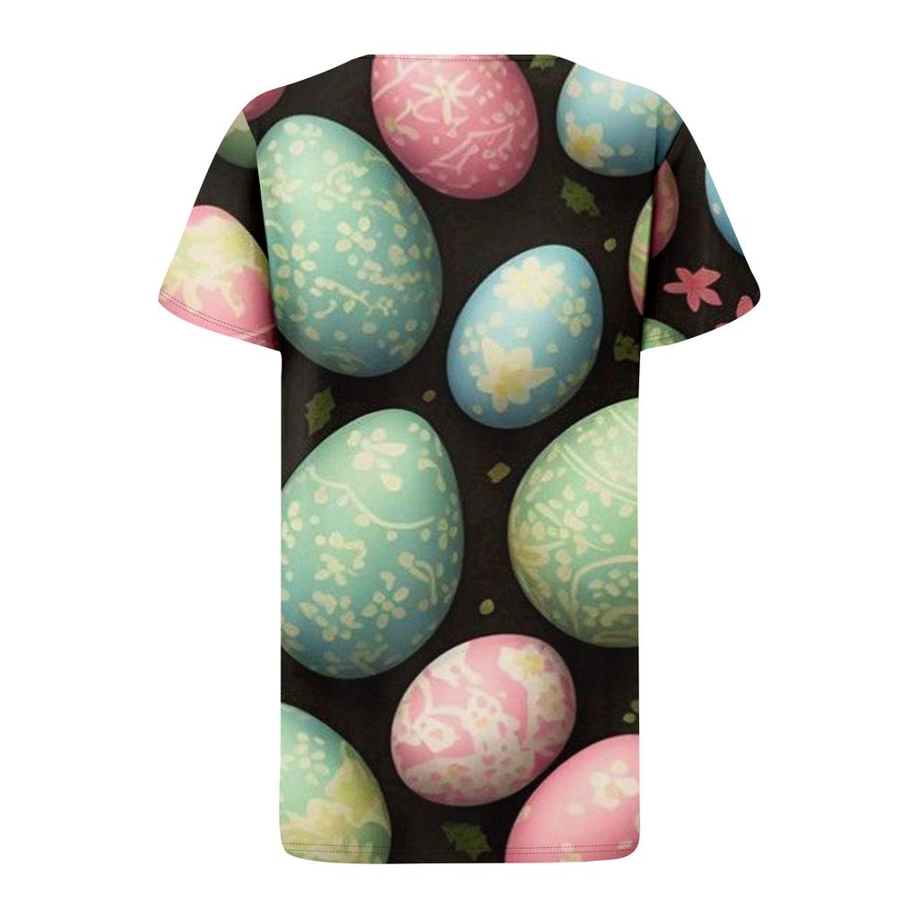 Ladies' Casual V-neck Short Sleeved Shirt With Pleated Easter Print On The Chest