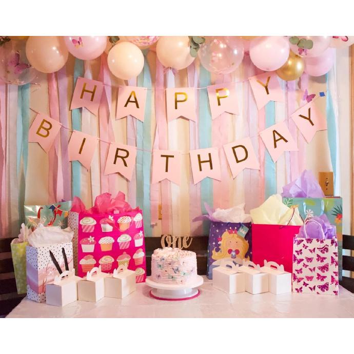 Happy Birthday Banner Pink Birthday Signs Party Supplies Garland Decorations Nursery Hanging Decor (Soft Pink)