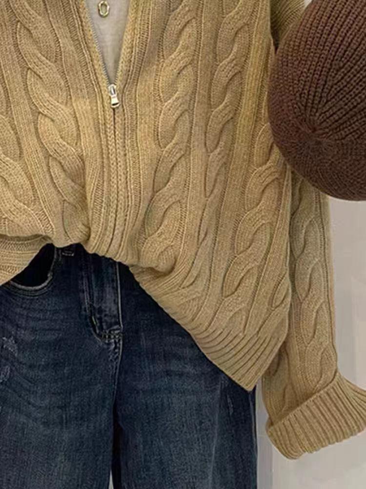 Women's Retro 100% Wool Zipper Cardigan - Thick Knit, Long Sleeve