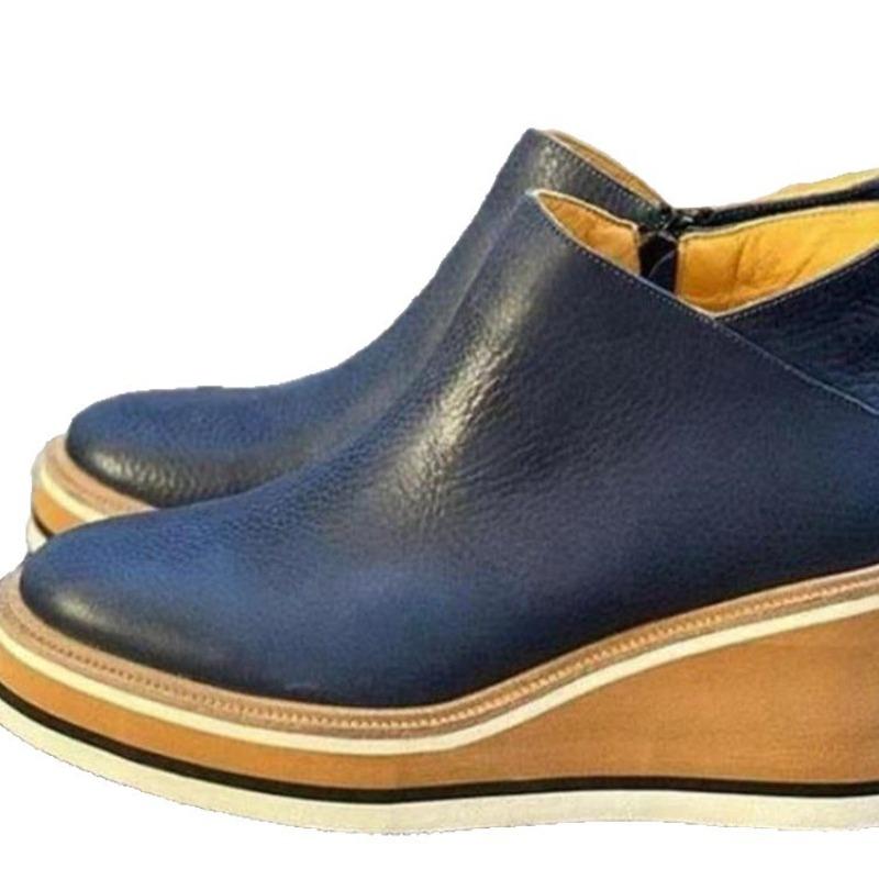 Damen Stiefeletten mit breiter Weite und Keilabsatz, niedrig geschnittene Stiefeletten mit seitlichem Reißverschluss, Damenstiefel im europäischen Stil in Nude