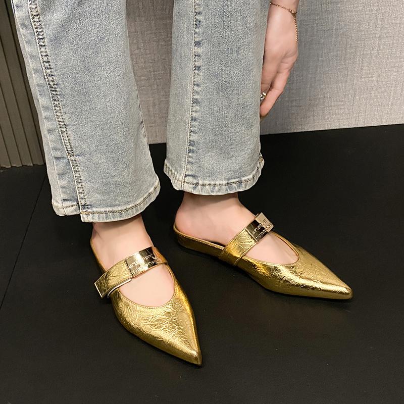 Fashion Spring Autumn 2025 Pointed Toe High Heels Women's French Style Slip-On Strap Shoes Matching Low Rubber Fashionable Slippers