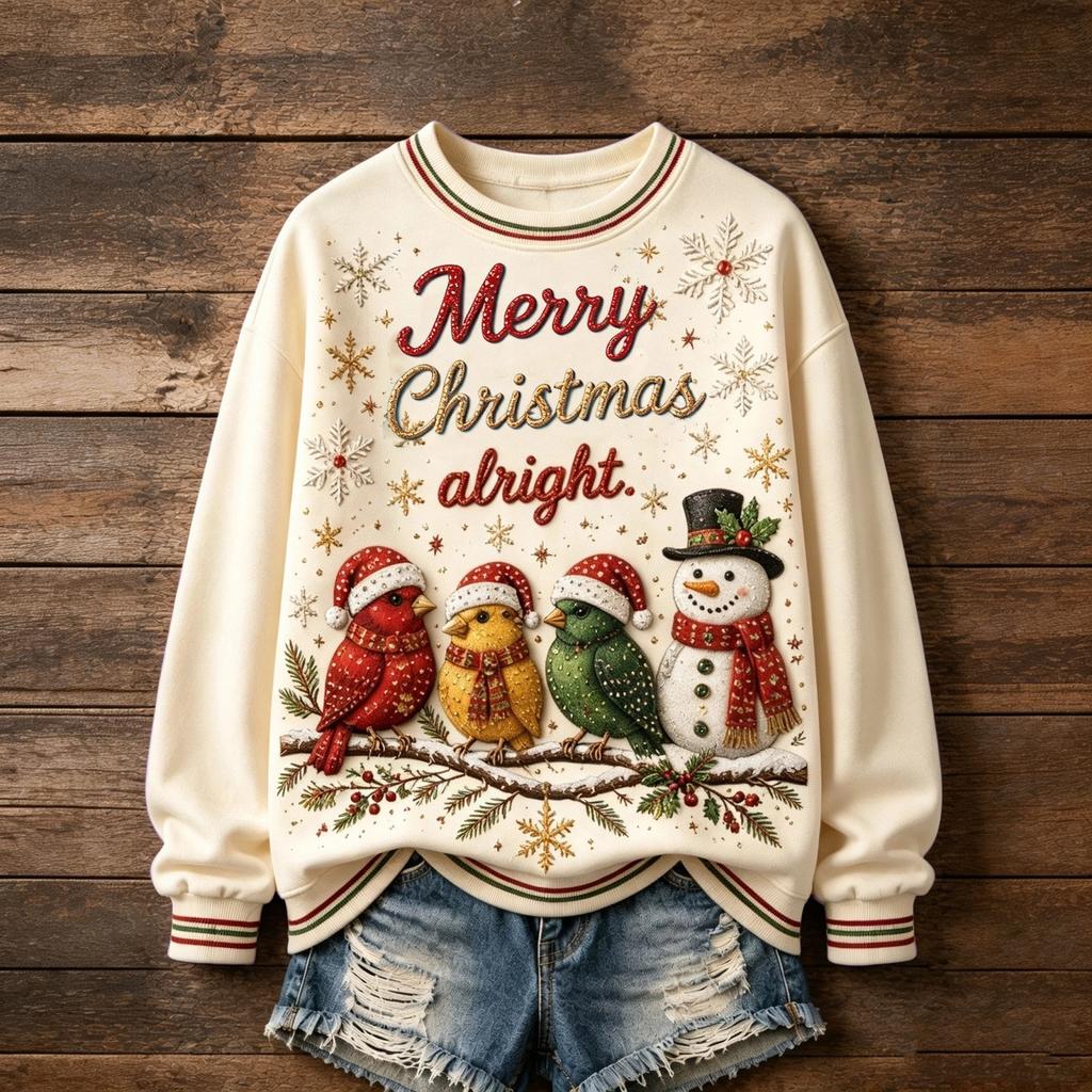 Women's Christmas Print Round Neck Long Sleeve Pullover Top for Holiday Parties and Everyday Wear