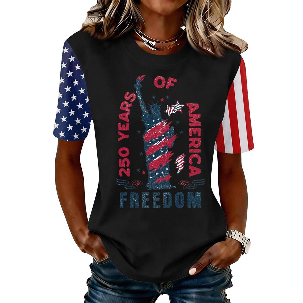 Blusa Feminina da Moda Casual de Manga Curta com Estampa e Gola Redonda