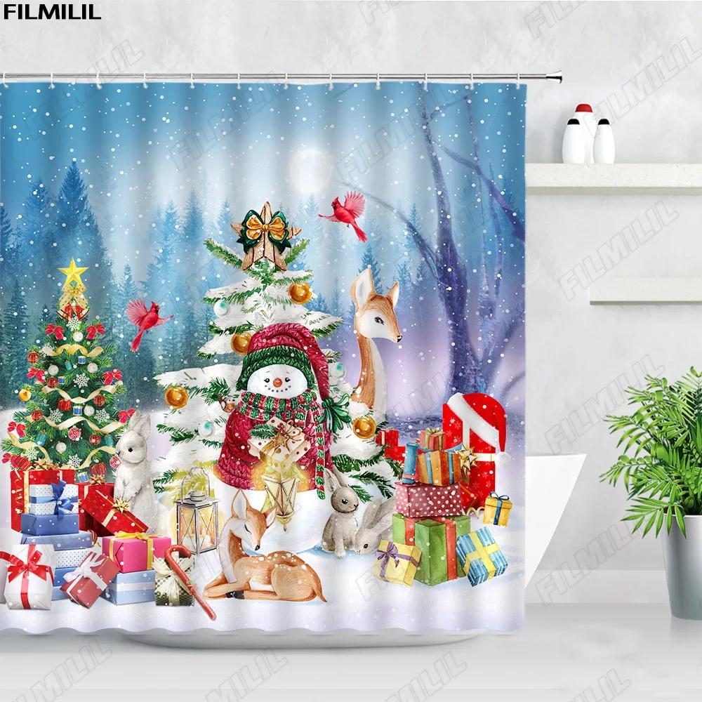 Retro olejomalba Vánoční sprchové závěsy Santa Claus Garland Xmas Tree Vintage krb Novoroční dekorace Sada koupelnových závěsů