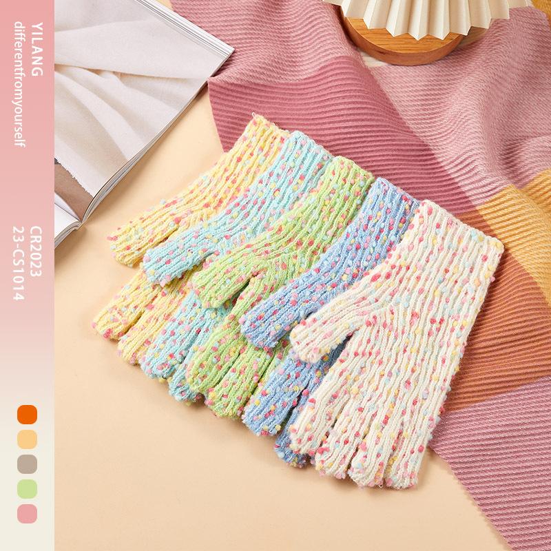 New Knitted Gloves for Women with Velvet Candy Color Warm and Cold-proof Fashion Finger Revealing Korean Gloves