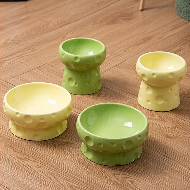 Ceramics Cat Bowl With Cheese Design Cat Food Bowl Water Plate Snack Dish Large Caliber Anti-Tip With Stand For Neck Protection