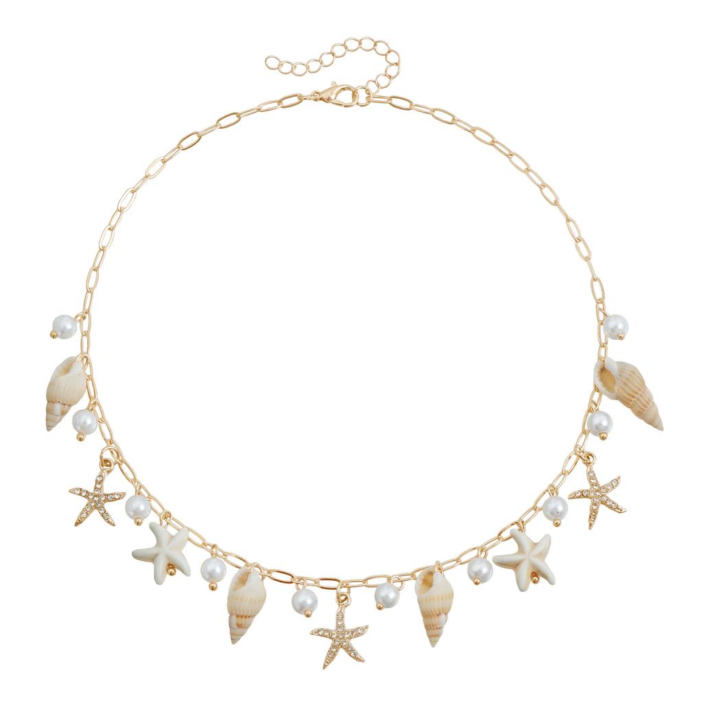 Summer Ocean Elements Starfish Shell Conch Pearl Tassel Choker Necklace for Women Bohemia Casual Beach Vacation Outfit Jewelry