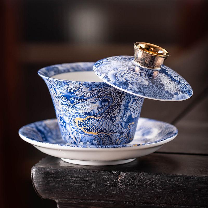 360° Hovering Lid Gaiwan – Jade Porcelain Three-Part Chinese Tea Bowl for Gongfu Brewing