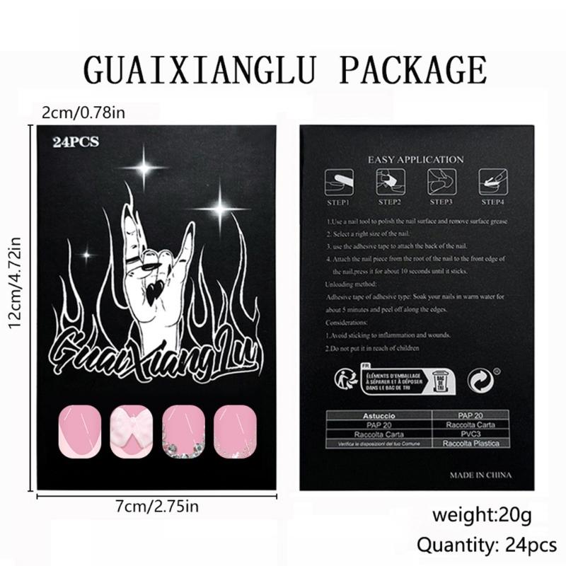 24PCS French Pink Glitters Short False Nail With Bows Design ABS Fake Nail Easy To Apply For Women Party Comfortable Wear