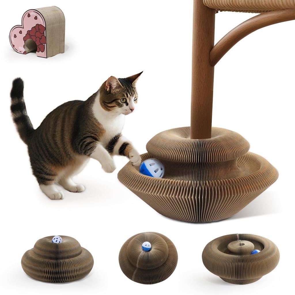 Kitty Kurlz Magic Organ Cat Scratch Board with Bell Foldable Accordion Design Cat Scratcher for Indoor Accordion Cat Magic Organ Cat Pink Ball, Cats,