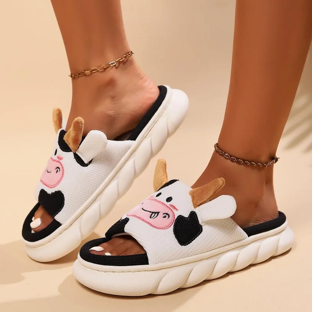 Fashion Women Cute Cartoon Cow Linen Slippers Spring Anti-slip Slides Couples Home Non-slip Flip Flops Casual Slip on Platform Slippers
