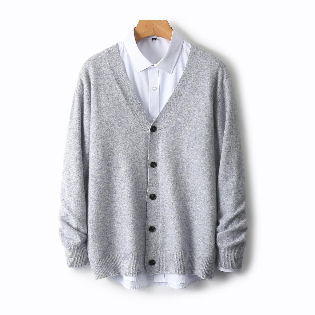 Men's V-neck Wool Cardigan: Autumn/Winter Business Casual Solid Color Long Sleeve, Warm Loose Knit Outerwear.