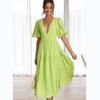 Summer Sexy Deep V-neck Long Dress For Women Office Lady Solid Puff Sleeve Dress Fashion Casual Shirring A-line Robe 25816