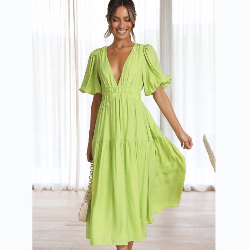 Summer Sexy Deep V-neck Long Dress For Women Office Lady Solid Puff Sleeve Dress Fashion Casual Shirring A-line Robe 25816