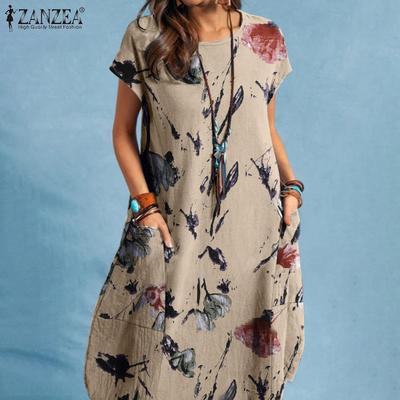 Women Cotton Print Dress Summer Casual O-neck Short Sleeve Short Dress
