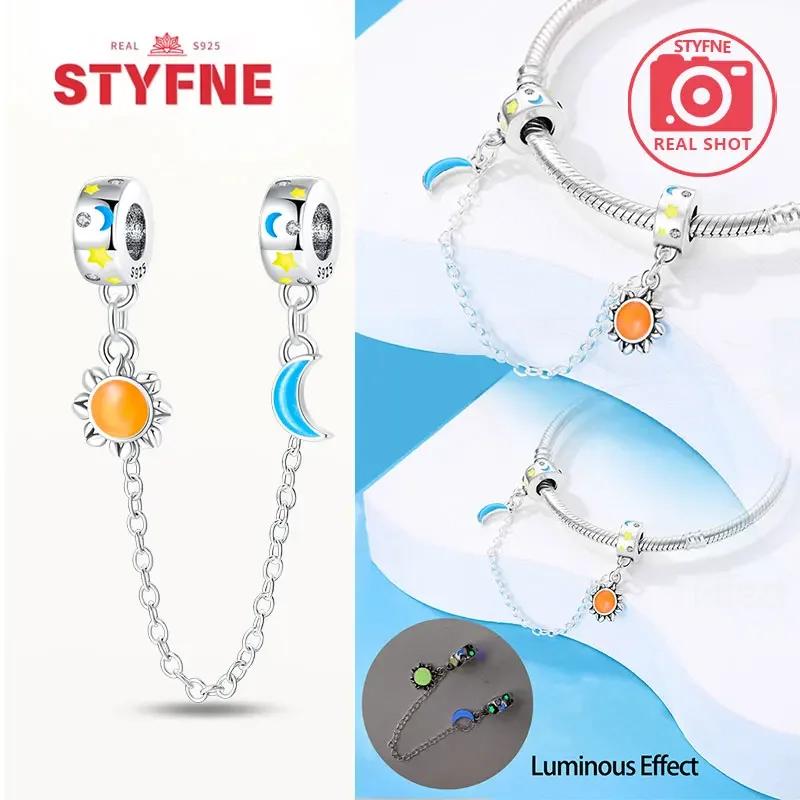Real Silver 925 Star and Moon Flower Heart Safety Chain Wearable Jewelry Gift Bracelet DIY Beads for Women