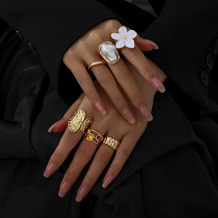 Design Liquid Lava Flower Opening Ring ins Baroque Imitation Pearl Alloy Ring