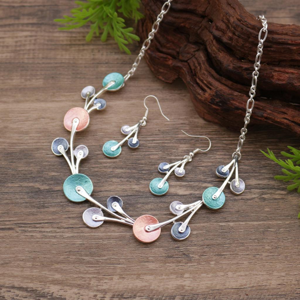 New Enamel Flower Earrings Necklace Set, Ladies Versatile Round Petal Earrings Necklace