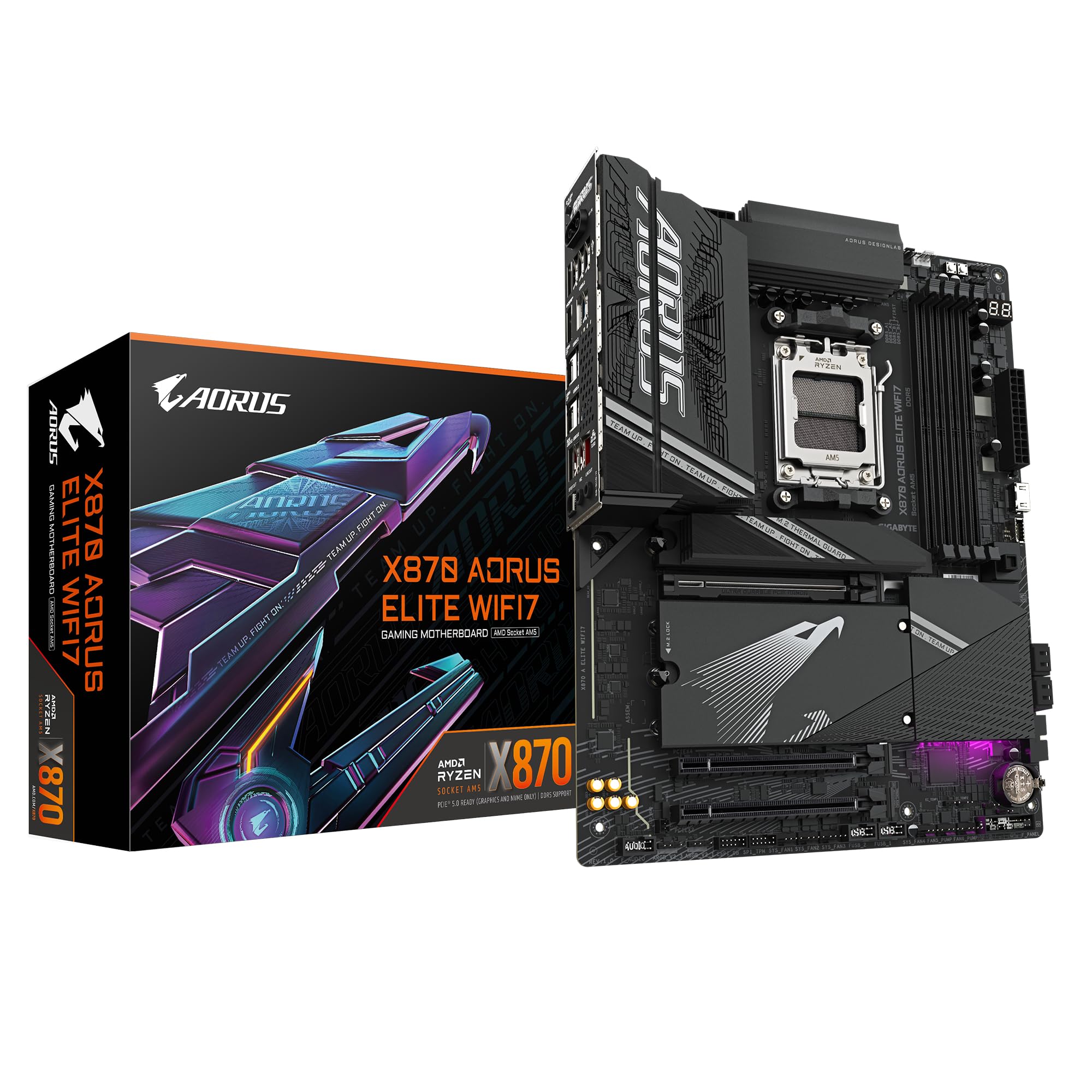 

GIGABYTE X870 AORUS ELITE WIFI7 Motherboard Supports AMD Ryzen 9000 Phase up to 8000MHz DDR5 3x PCIe and USB - CPU, 16+2+2 VRM, (OC), 5.0, Wi-Fi 7,