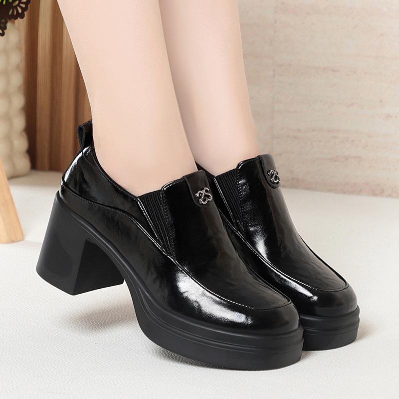 

Women s High-heeled Leather Shoes, Spring and Autumn Single Shoes, Chunky Heels, Thick Soles, Slip-on Women s Shoes, Square Toe Leather Shoes 35 чёрный