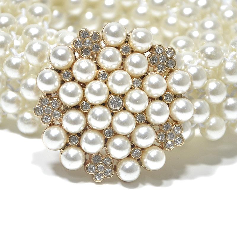 Cross-border women's belt - ladies' casual decorative rhinestone & pearl buckle slim waist belt