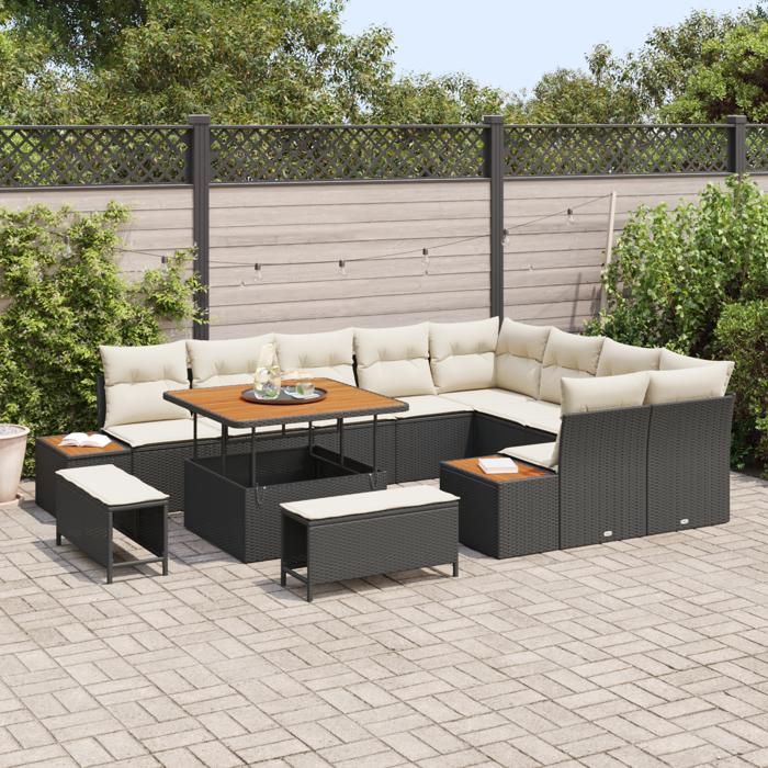 Ensemble de Canapé de Jardin 12 pièces avec Coussins en Poly Rattan Noir Acacia, Ensemble de Salle à Manger de Jardin 3 3362945