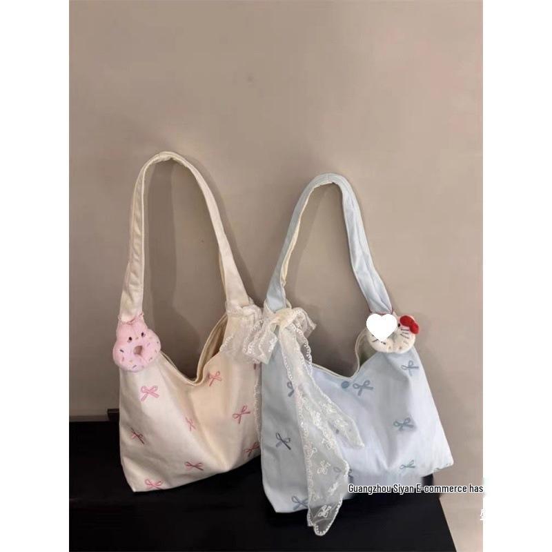 Korean Bow Embroidery Canvas Bag for Women - 2025 Large Capacity, New Style