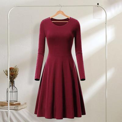 Frühlingskleid für Damen, O-Ausschnitt, A-Linie, großer Saum, lange Ärmel, Midikleid, einfarbig, locker geschnitten, für den Alltag, Dating-Partys