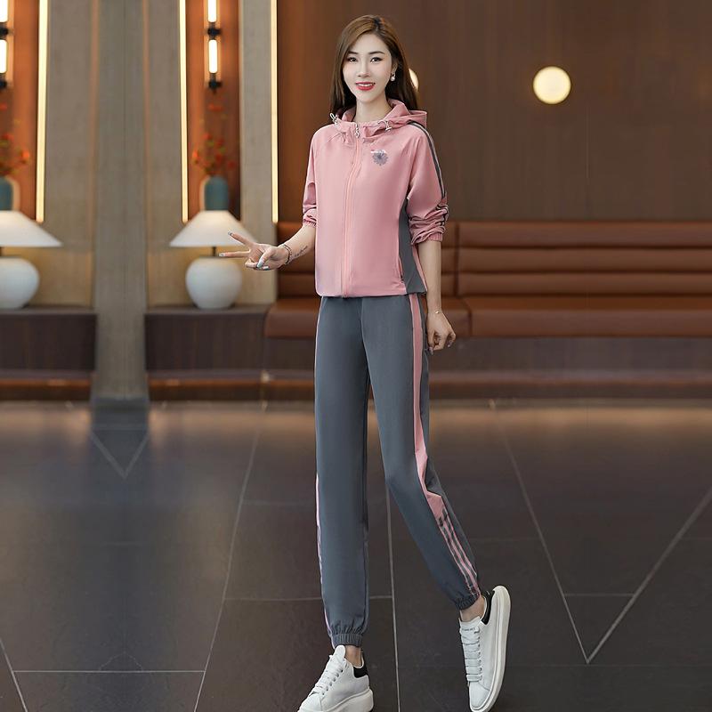 Women's Spring & Autumn Hooded Fashion Tracksuit - Stylish Contrast Color Two-Piece Suit with Sweatpants