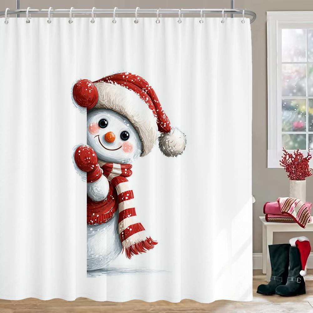 New Year Christmas Shower Curtains For Bathroom with Hooks, Cartoon Christmas Snowman Gifts For Xmas Bath Curtain Decor
