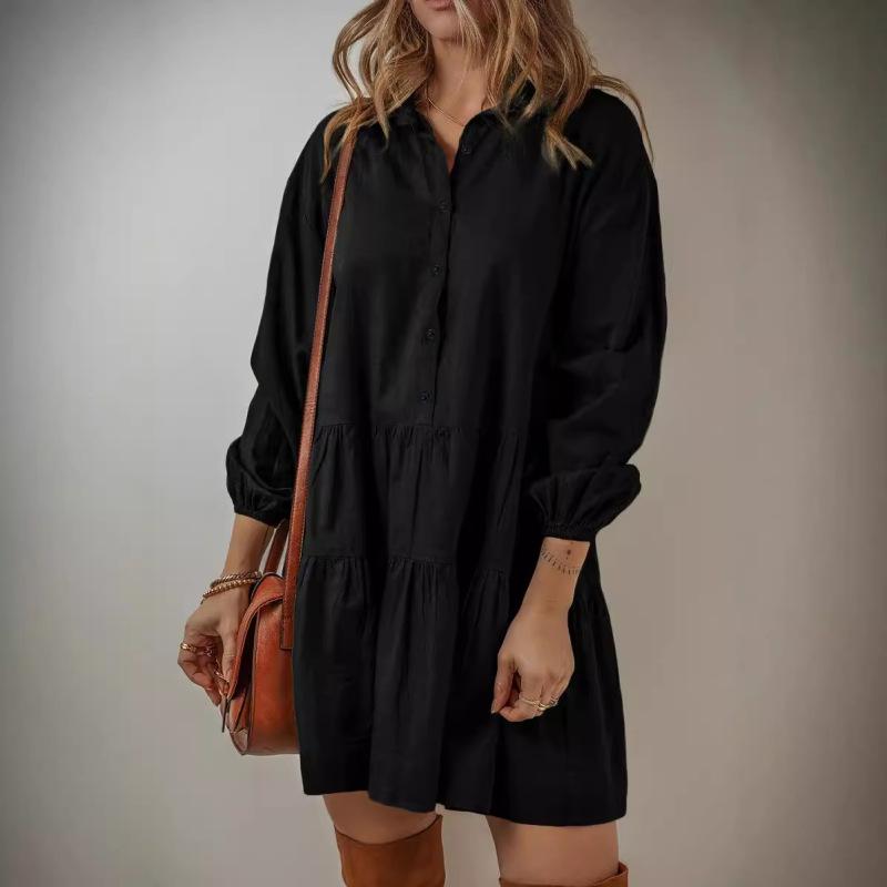 Women's Solid Color Long Sleeve Lapel Button Loose Short Dress