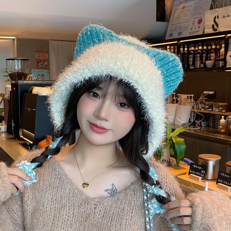 Plush Cute Cat Ear Hat Women's Winter Warm Ear Protection Pullover Hat Showing Face Small Versatile Fashion Knitted Wool Hat
