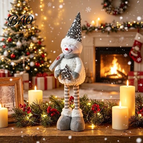 Festive Party Supplies Christmas Plush Snowman with Extendable Legs, Sequins Hat Holding Star Dolls Doll, Standing Long Legs Xmas Decoration