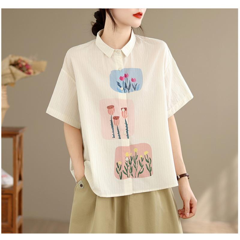DIMANAF 2026 Women Plus Size New Summer Blouse Shirt Short Sleeve Casual Loose Print Lady Tops Shirts Cotton